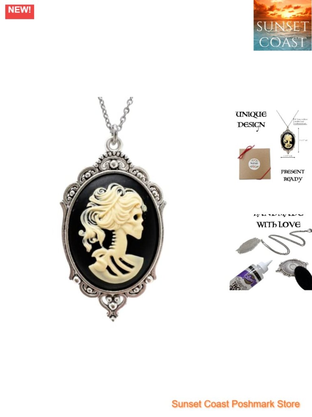 Victorian Gothic Sugar Skull Cameo Pendant Necklace 24in Gift Box